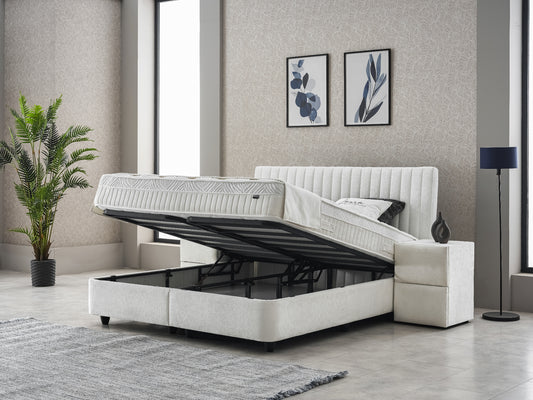 Boxspringbett Laura Cremeweiß Voll-orthopädisches Komfortbett mit Bettkasten, Stauraum, inkl. kostenlose Lieferung und Montage