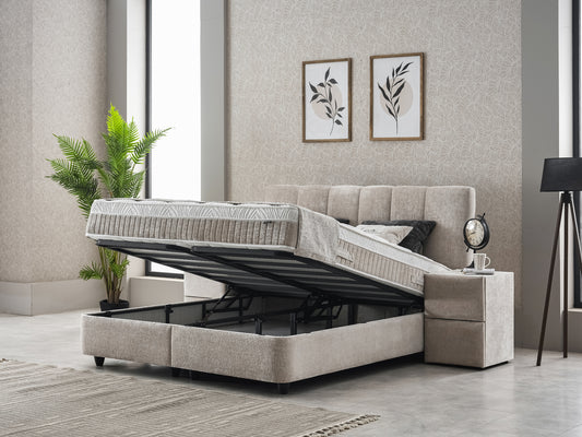 Boxspringbett Lucia Hellgrau/Beige Voll-orthopädisches Komfortbett mit Bettkasten, Stauraum, inkl. kostenlose Lieferung und Montage