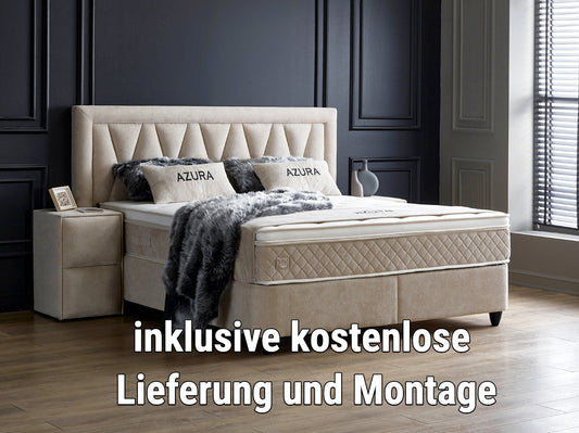 Boxspringbett Azura Beige Voll-orthopädisches Komfortbett mit Bettkasten, Stauraum, inkl. kostenlose Lieferung und Montage