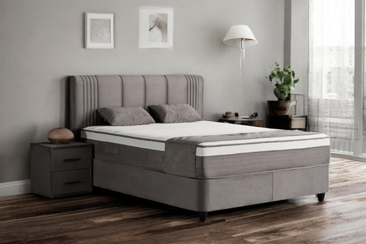 Boxspringbett Belicia Grau Voll-orthopädisches Komfortbett mit Bettkasten, Stauraum, inkl. kostenlose Lieferung und Montage