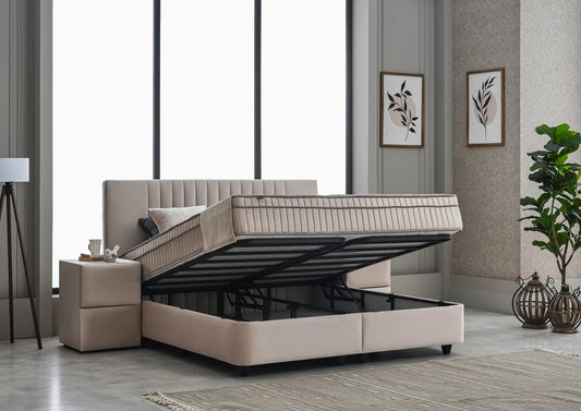 Boxspringbett Clara Beige Voll-orthopädisches Komfortbett mit Bettkasten, Stauraum, inkl. kostenlose Lieferung und Montage