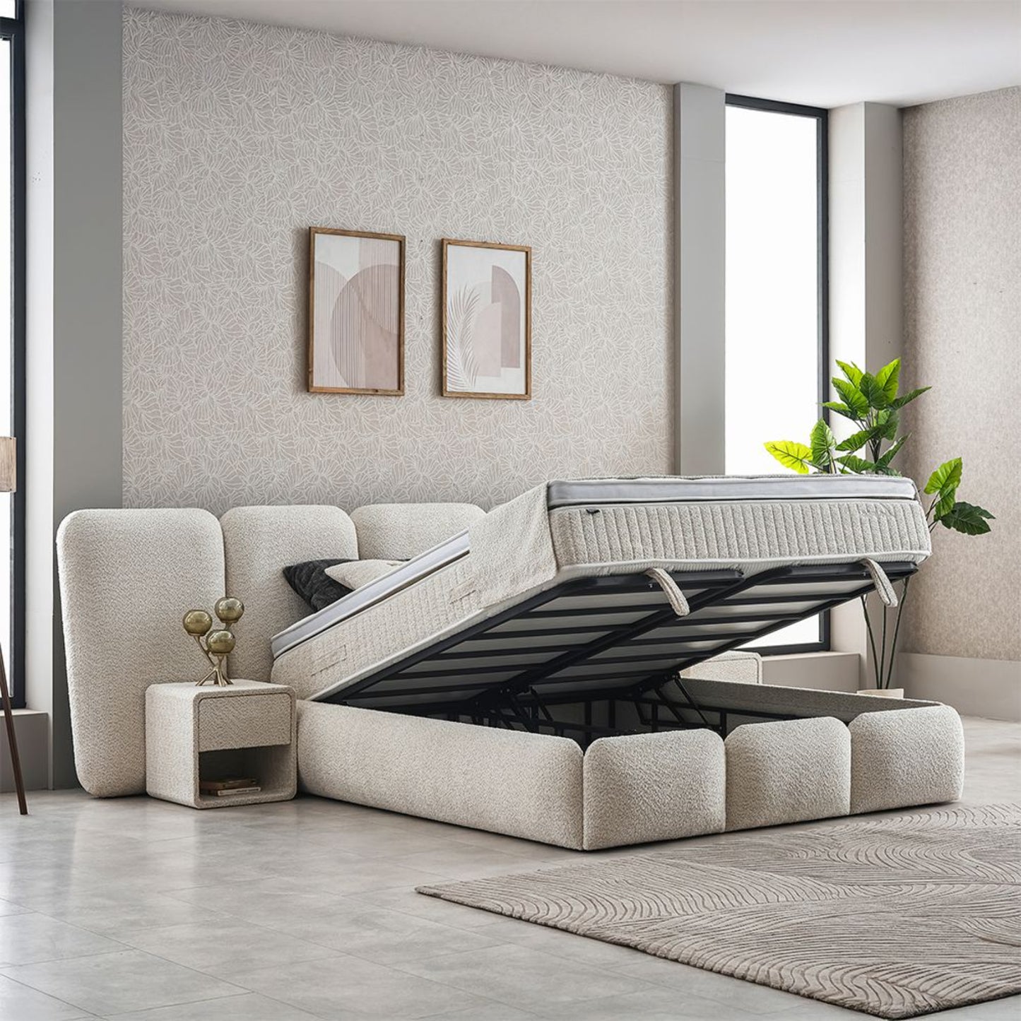 Boxspringbett Lowen Beige Voll-orthopädisches Komfortbett mit Bettkasten, Stauraum, inkl. kostenlose Lieferung und Montage