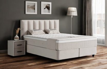 Boxspringbett Encore Beige Voll-orthopädisches Komfortbett mit Bettkasten, Stauraum, inkl. kostenlose Lieferung und Montage