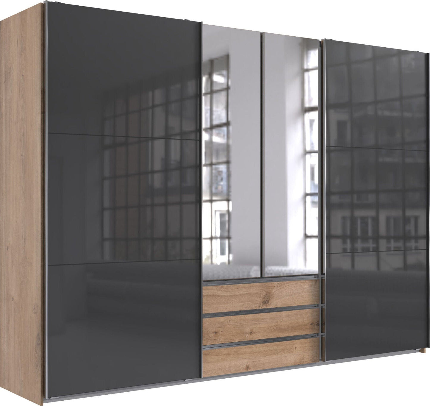 Funktions-Schwebetürenschrank Magic Holzdekor mit 2 Spiegeltüren B/H/T ca. 300 x 216  x 65 cm