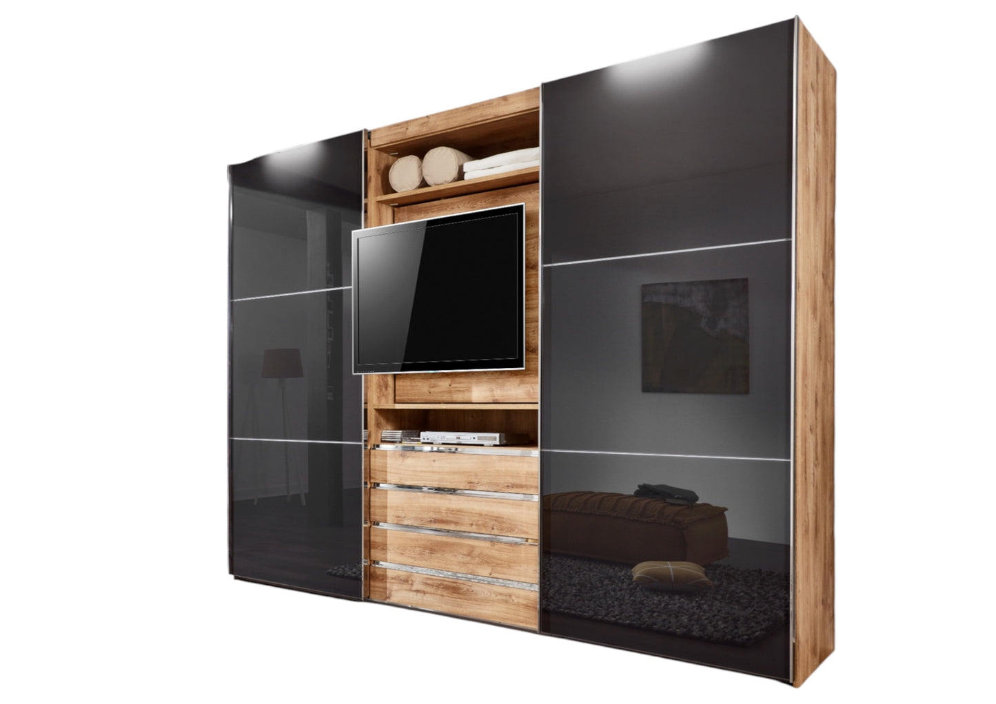 Funktions-TV-Schwebetürenschrank MagicGlas mit Glastüren B/H/T ca. 300 x 236 x 65 cm