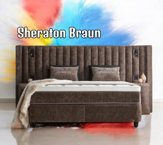 Boxspringbett Sheraton Braun mit Bettkasten Breite 160-180 x 200 cm, inkl. Beleuchtung und integrierten Steckdosen im Kopfteil