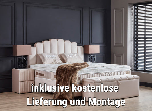 Boxspringbett Jazzlyn Beige Voll-orthopädisches Komfortbett mit Bettkasten, Stauraum, inkl. kostenlose Lieferung und Montage