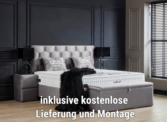 Boxspringbett Palermo Grau Voll-orthopädisches Komfortbett mit Bettkasten, Stauraum, inkl. kostenlose Lieferung und Montage