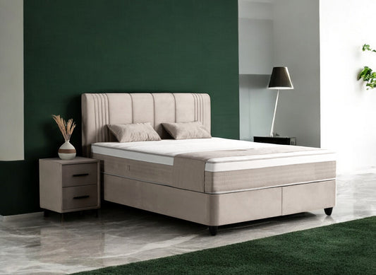 Boxspringbett Belicia Beige Voll-orthopädisches Komfortbett mit Bettkasten, Stauraum, inkl. kostenlose Lieferung und Montage