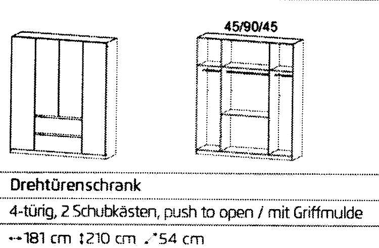 Drehtürenschrank Mainz Hochglanzfront 4-türig mit 2 Schubladen B/H/T ca. 180 x 210 x 54 cm