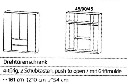 Drehtürenschrank Mainz Hochglanzfront 4-türig mit 2 Schubladen B/H/T ca. 180 x 210 x 54 cm