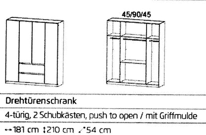 Drehtürenschrank Mainz 4-türig mit 2 Schubladen, B/H/T ca. 180 x 210 x 54 cm