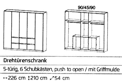 Drehtürenschrank Mainz 5-türig mit 6 Schubladen B/H/T ca. 225 x 210 x 54 cm