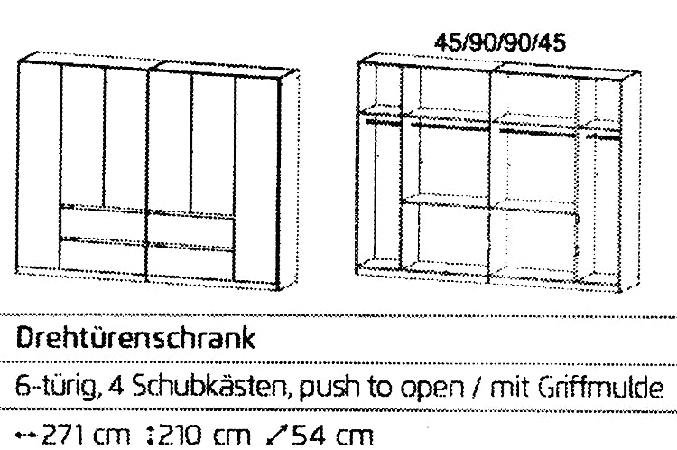 Drehtürenschrank Mainz 6-türig mit 4 Schubladen B/H/T ca. 270 x 210 x 54 cm