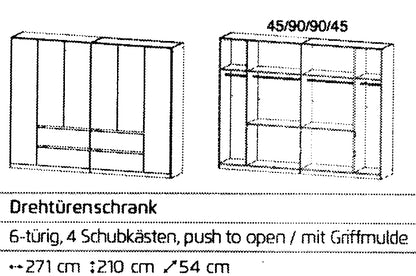 Drehtürenschrank Mainz 6-türig mit 4 Schubladen B/H/T ca. 270 x 210 x 54 cm