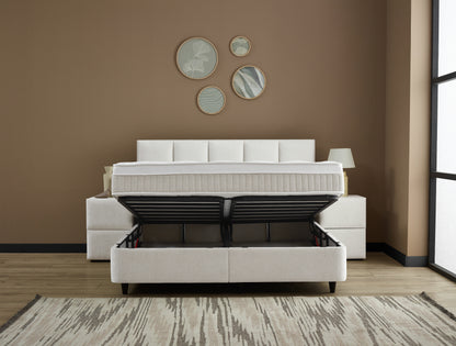 Boxspringbett Lucas Cremeweiß/Hellbeige Voll-orthopädisches Komfortbett mit Bettkasten, Stauraum, inkl. kostenlose Lieferung und Montage