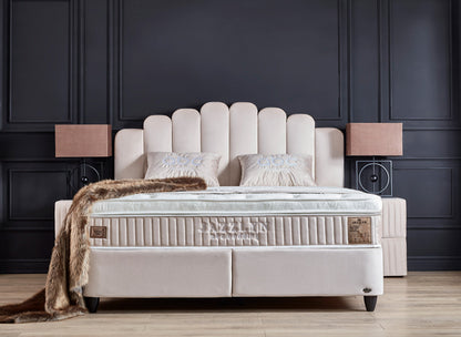 Boxspringbett Jazzlyn Beige Voll-orthopädisches Komfortbett mit Bettkasten, Stauraum, inkl. kostenlose Lieferung und Montage