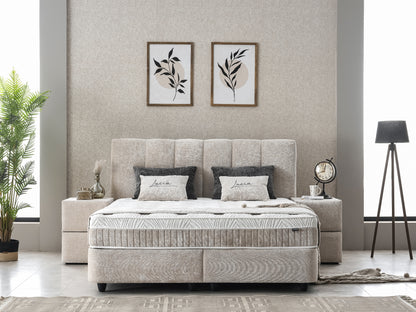 Boxspringbett Lucia Hellgrau/Beige Voll-orthopädisches Komfortbett mit Bettkasten, Stauraum, inkl. kostenlose Lieferung und Montage