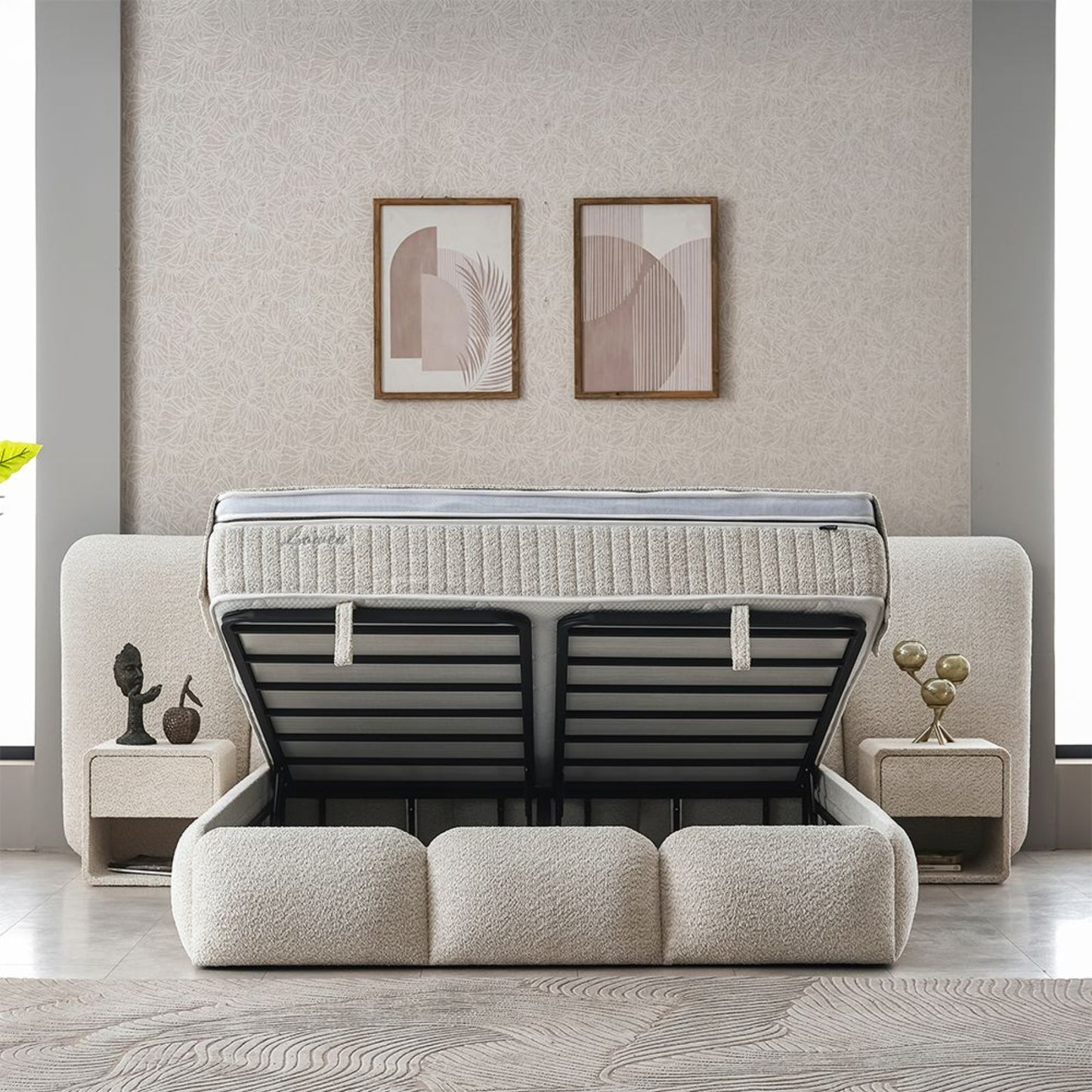 Boxspringbett Lowen Beige Voll-orthopädisches Komfortbett mit Bettkasten, Stauraum, inkl. kostenlose Lieferung und Montage
