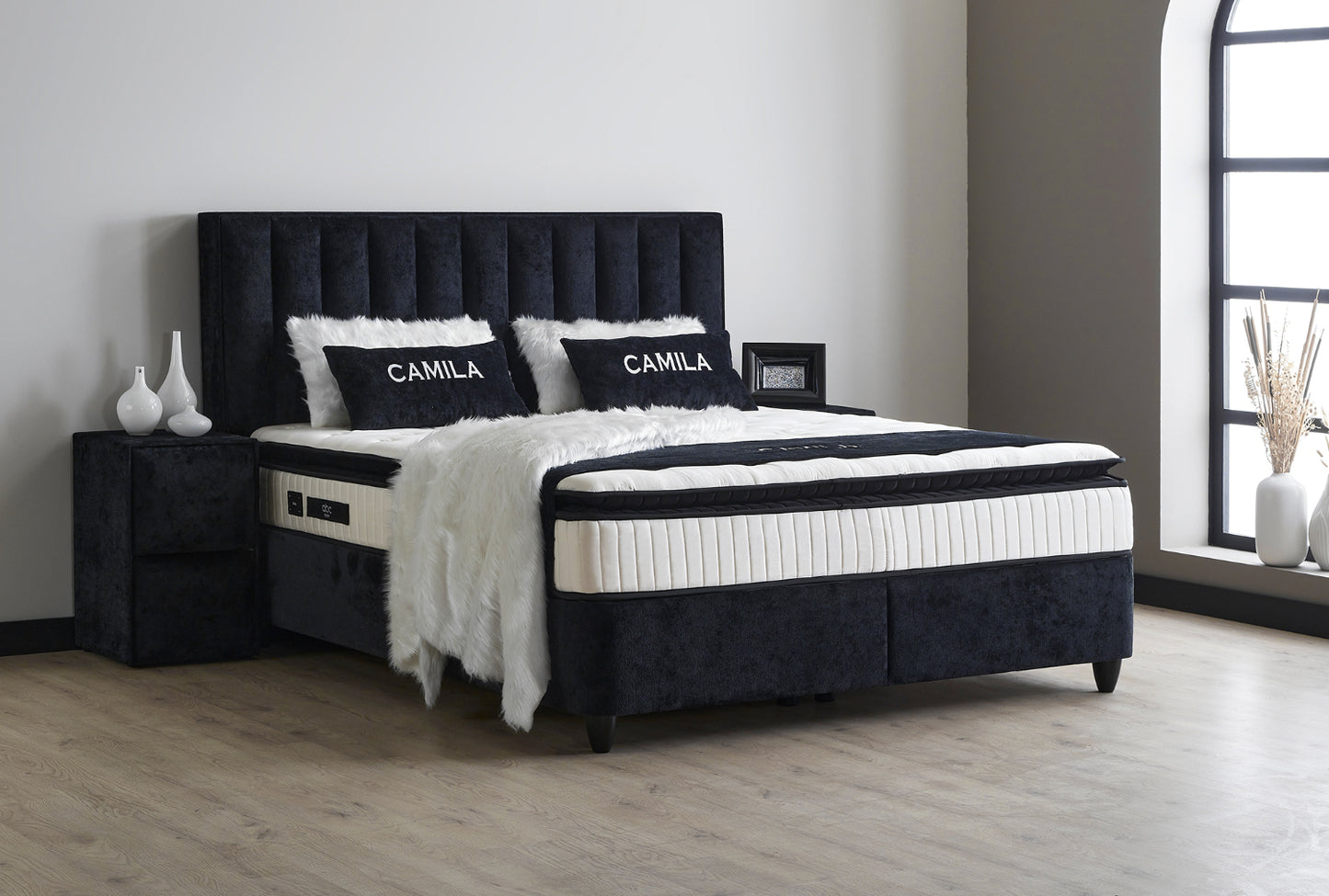 Boxspringbett Camila Schwarz mit Bettkasten inkl. Beleuchtung Breite 90-180 x 200 cm