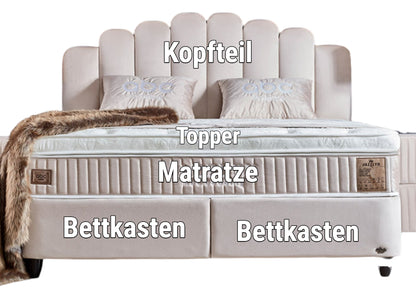 Boxspringbett Jazzlyn Beige Voll-orthopädisches Komfortbett mit Bettkasten, Stauraum, inkl. kostenlose Lieferung und Montage