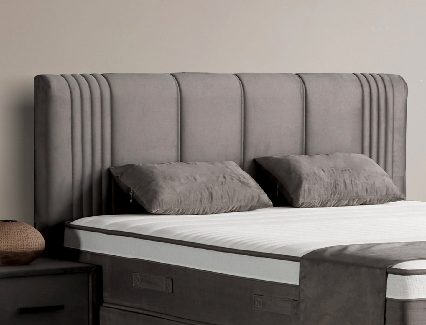 Boxspringbett Belicia Grau Voll-orthopädisches Komfortbett mit Bettkasten, Stauraum, inkl. kostenlose Lieferung und Montage
