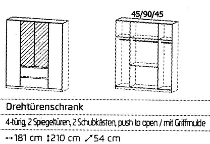 Drehtürenschrank Mainz 4-türig mit 2 Spiegeltüren und 2 Schubladen B/H/T ca. 180 x 210 x 54 cm