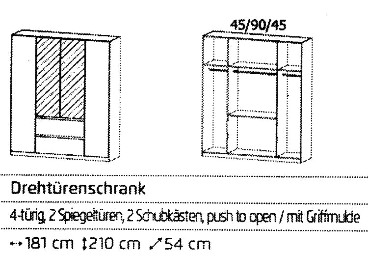 Drehtürenschrank Mainz Hochglanzfront 4-türig mit 2 Spiegeltüren und 2 Schubladen B/H/T ca. 180 x 210 x 54 cm