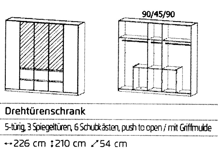 Drehtürenschrank Mainz 5-türig mit 3 Spiegeltüren und 6 Schubladen B/H/T ca. 225 x 210 x 54 cm