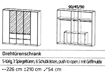 Drehtürenschrank Mainz 5-türig mit 3 Spiegeltüren und 6 Schubladen B/H/T ca. 225 x 210 x 54 cm