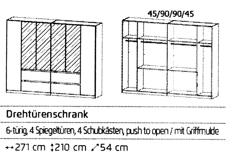 Drehtürenschrank Mainz 6-türig mit 4 Spiegeltüren und 4 Schubladen B/H/T ca. 270 x 210 x 54 cm