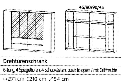 Drehtürenschrank Mainz 6-türig mit 4 Spiegeltüren und 4 Schubladen B/H/T ca. 270 x 210 x 54 cm