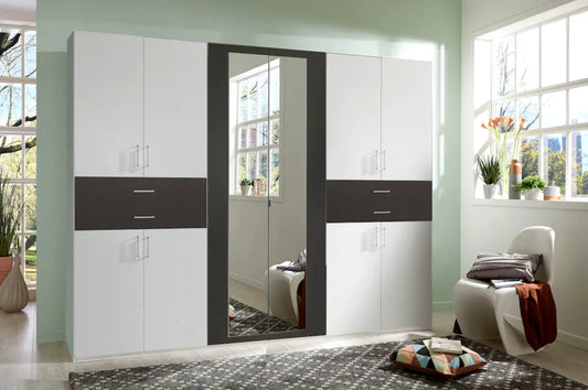 Drehtürenschrank Taiga 6-türig mit 2 Spiegeltüren und 4 Schubladen B/H/T ca. 270 x 208 x 58 cm