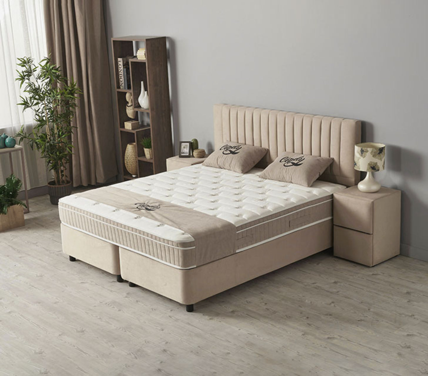 Boxspringbett Cindy Beige mit Bettkasten Breite 90-180 x 200 cm