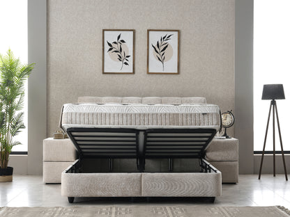 Boxspringbett Lucia Hellgrau/Beige Voll-orthopädisches Komfortbett mit Bettkasten, Stauraum, inkl. kostenlose Lieferung und Montage