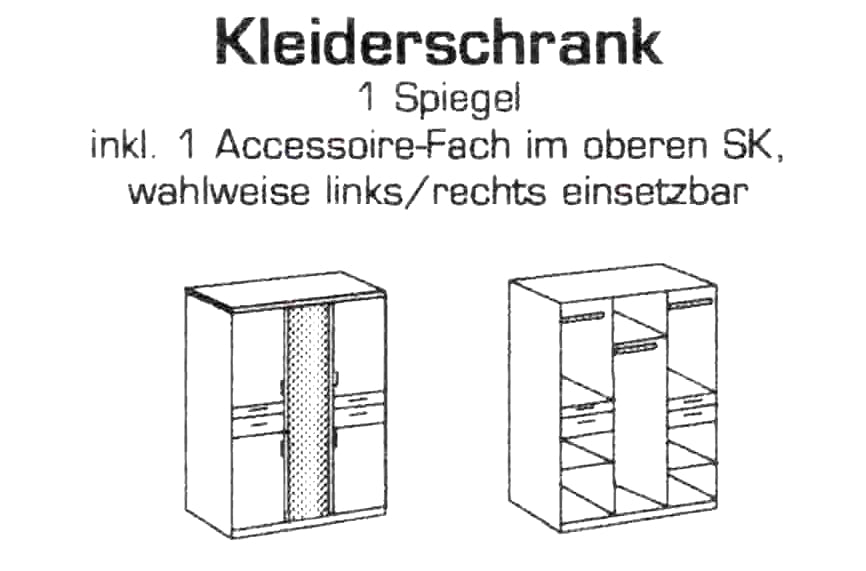 Drehtürenschrank Koblenz 3-türig mit Spiegeltür und 4 Schubladen B/H/T ca. 135 x 199 x 58 cm