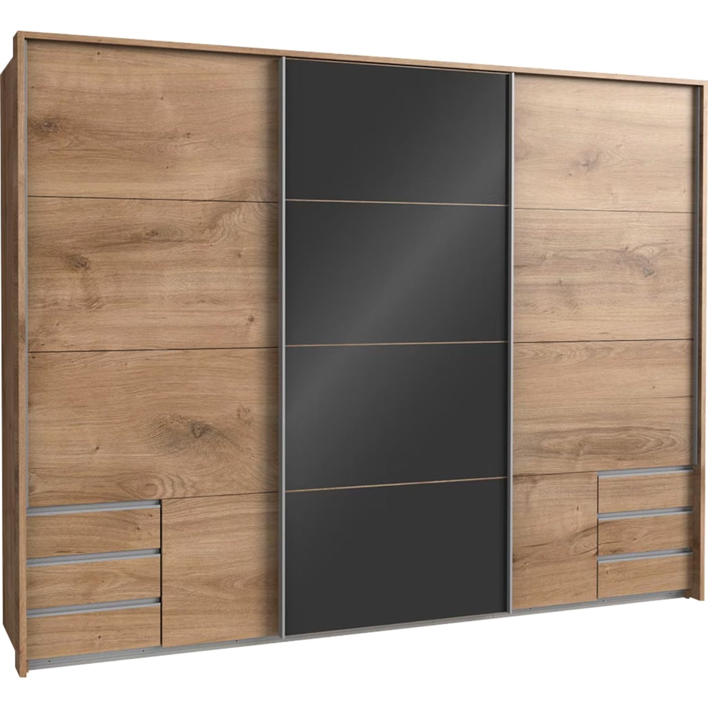 Schwebetürenschrank Valencia 3-türig mit Glastür und 6 Schubladen B/H/T ca. 270 x 208 x 65 cm