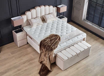 Boxspringbett Jazzlyn Beige Voll-orthopädisches Komfortbett mit Bettkasten, Stauraum, inkl. kostenlose Lieferung und Montage