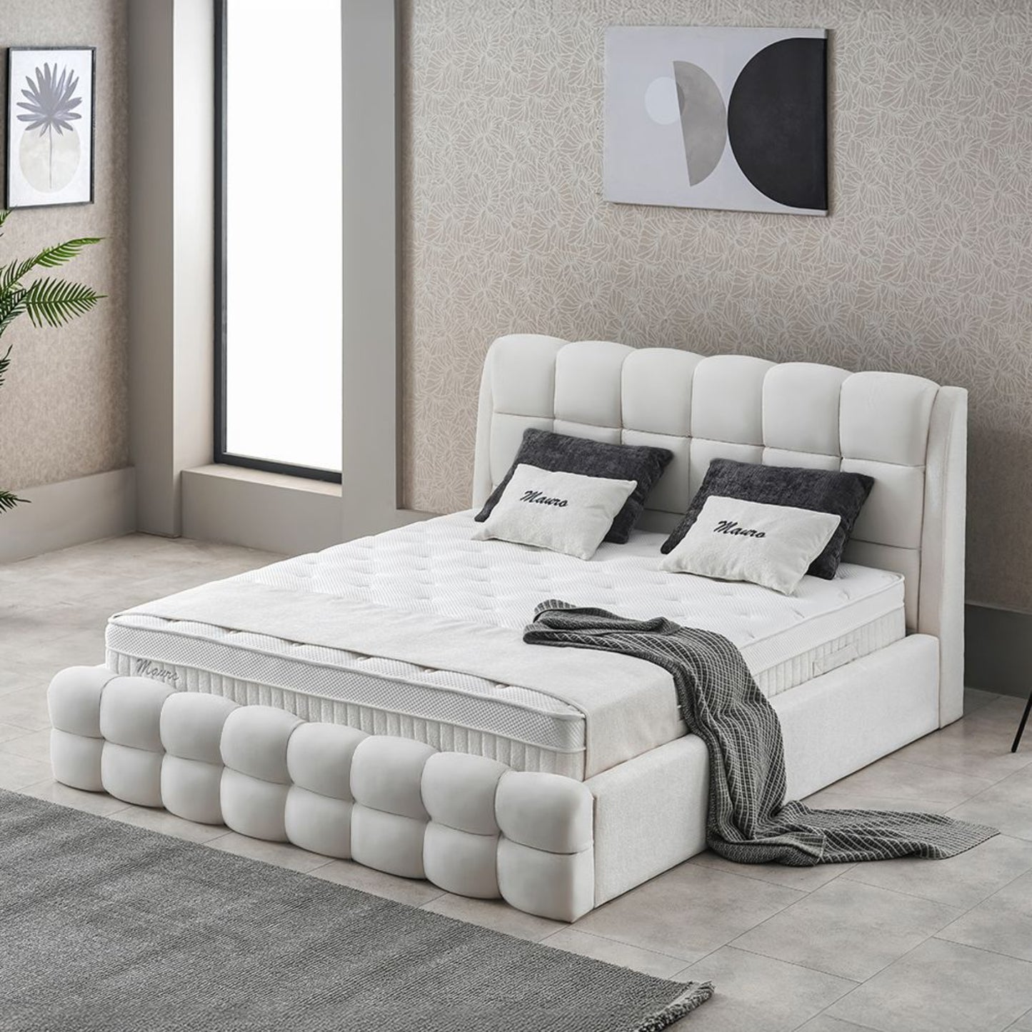 Boxspringbett Mauro Cremebeige Voll-orthopädisches Komfortbett mit Bettkasten, Stauraum, inkl. kostenlose Lieferung und Montage