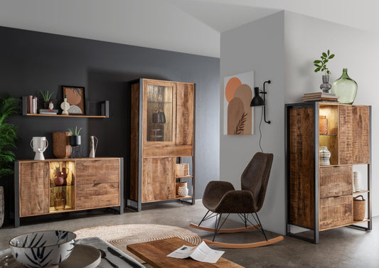 Esszimmer Highboard Cayro Mangoholz massiv multifarbig inkl. Beleuchtung B/H/T 104 x 150 x 42 cm
