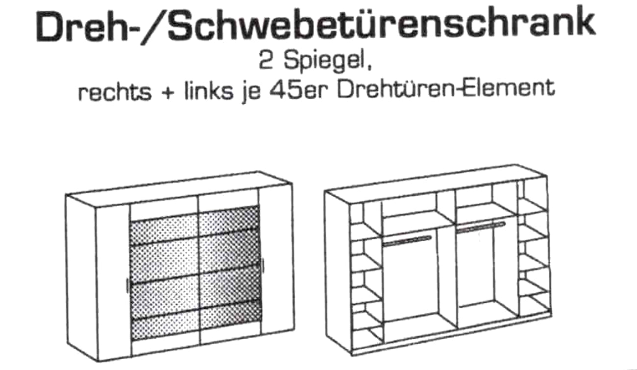 Dreh-/Schwebetürenschrank Kopenhagen 4-türig mit 2 Spiegel Schwebetüren B/H/T ca. 270 x 210 x 65 cm