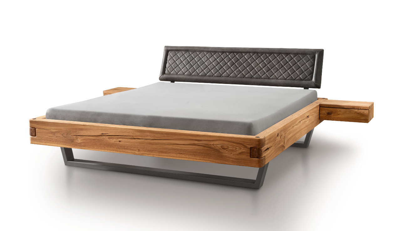 TPT Balkenbett 820-VIII mit Stoffkopfteil gesteppt, Wildeiche massiv natur geölt Breite 140-200 x 200 cm