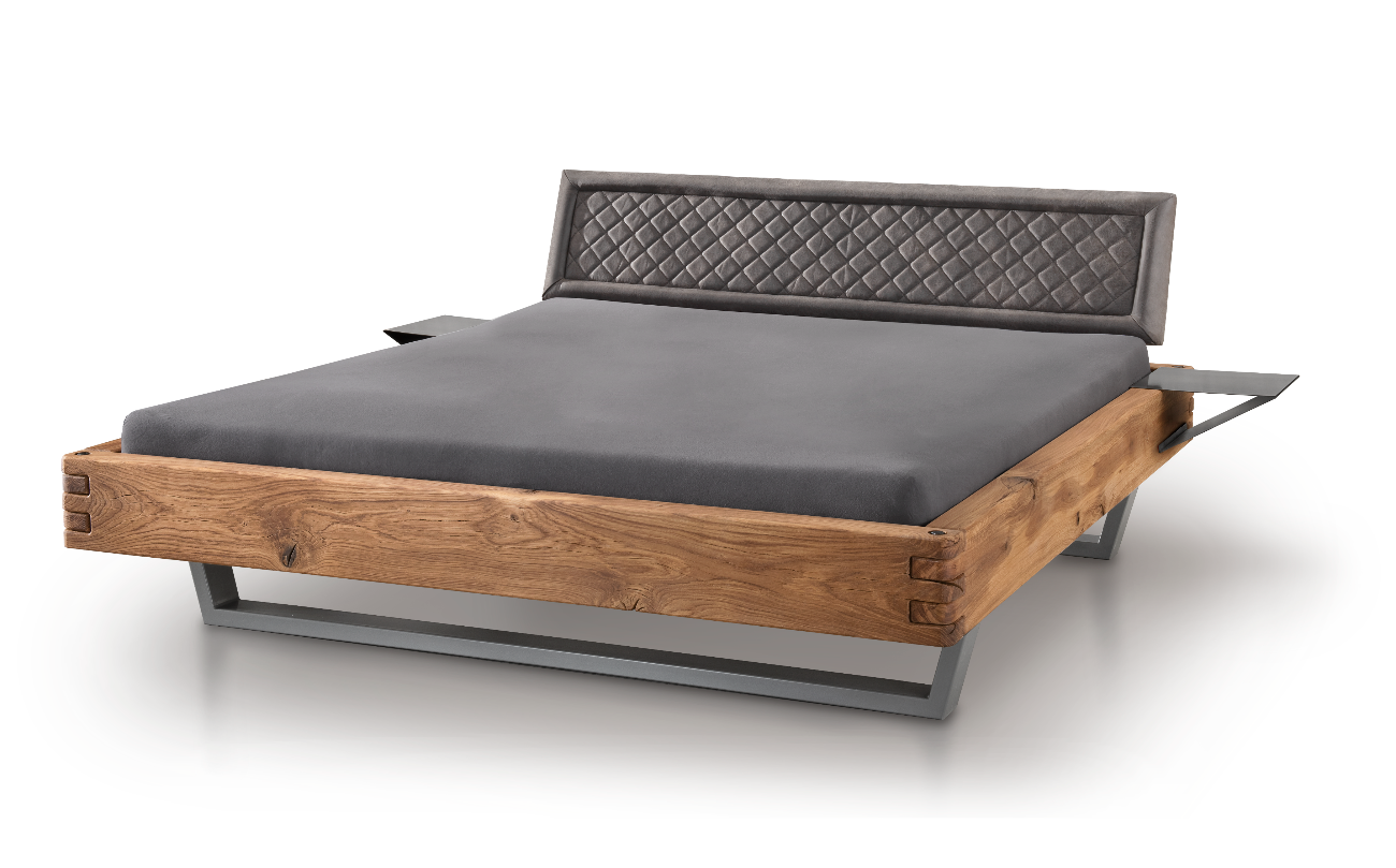 TPT Balkenbett 820-VIII mit Stoffkopfteil gesteppt, Wildeiche massiv natur geölt Breite 140-200 x 200 cm
