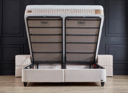 Boxspringbett Jazzlyn Beige Voll-orthopädisches Komfortbett mit Bettkasten, Stauraum, inkl. kostenlose Lieferung und Montage