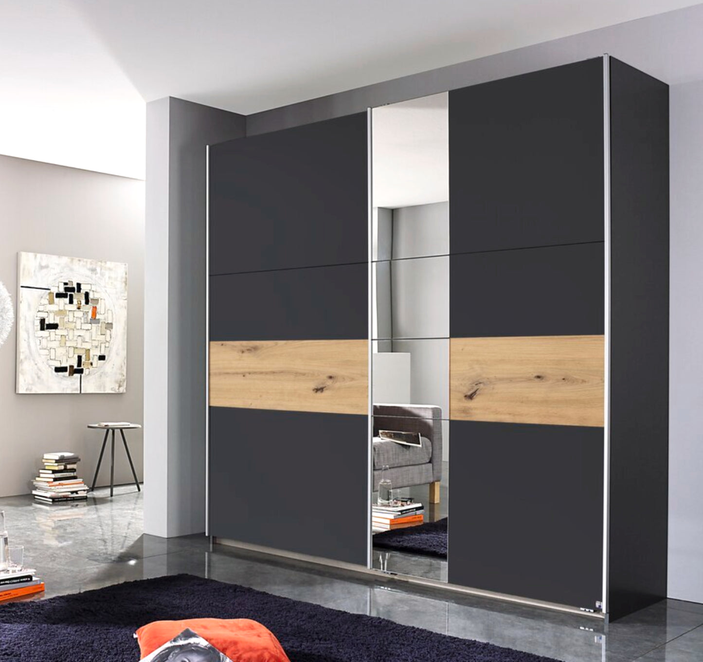 Schwebetürenschrank Korbach 2-türig mit Teilspiegelfront B/H/T 218 x 210 x 59 cm, Zubehör Classic