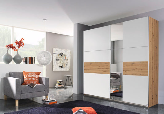 Schwebetürenschrank Korbach 2-türig mit Teilspiegelfront B/H/T 218 x 210 x 59 cm, Zubehör Classic