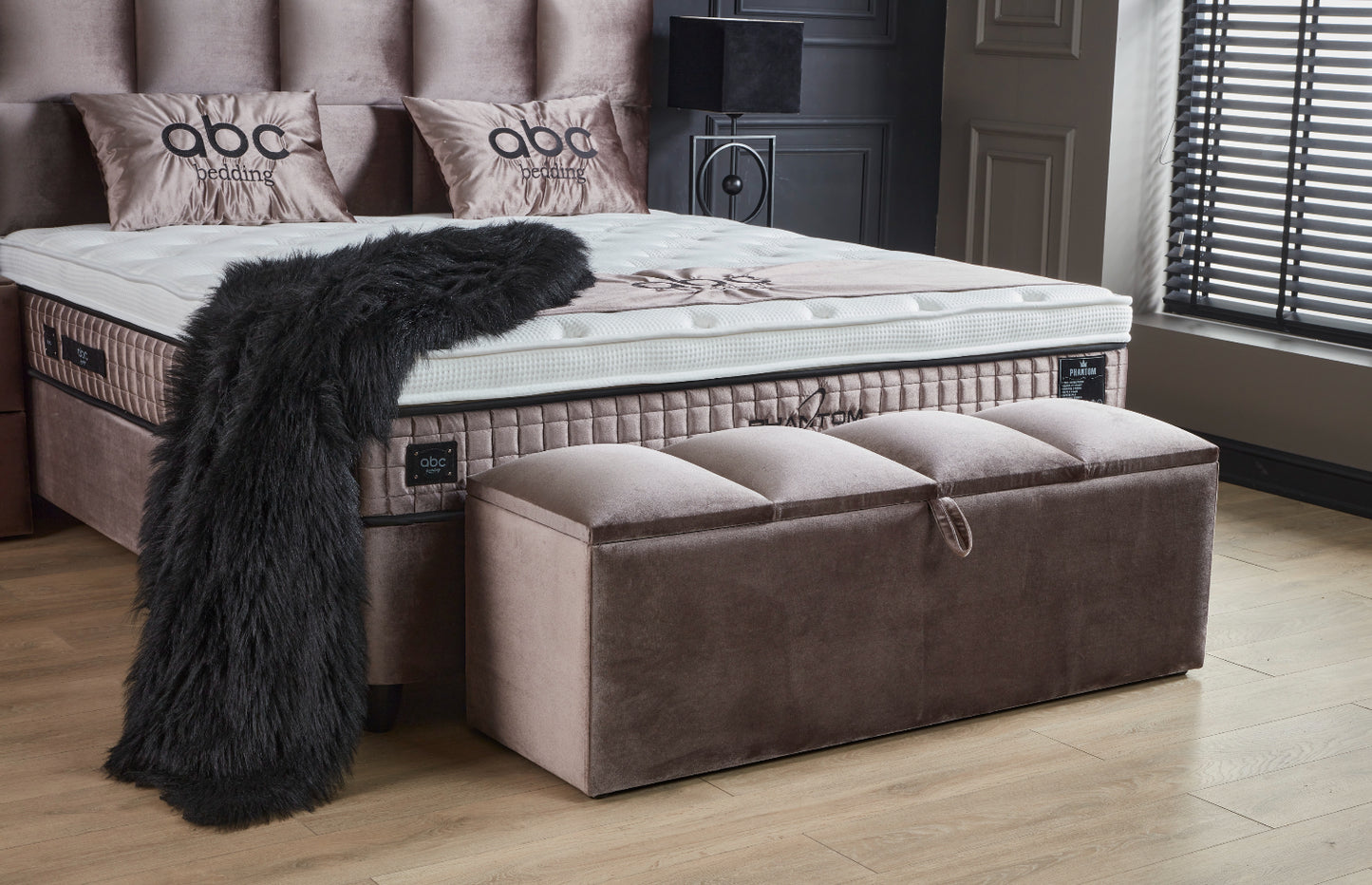 Boxspringbett Phantom Beige Voll-orthopädisches Komfortbett mit Bettkasten, Stauraum, inkl. kostenlose Lieferung und Montage