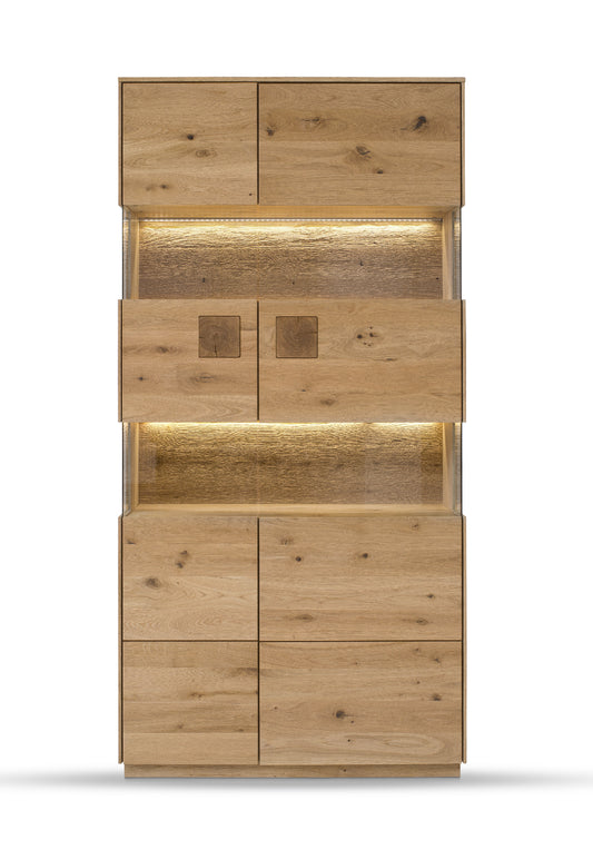 TPT Davos Doppel-Glasvitrine 2-türig, Wildeiche massiv natur/blanco geölt, inkl. Beleuchtung B/H/T 103 x 209 x 44 cm
