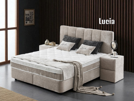 Boxspringbett Lucia Hellgrau/Beige Voll-orthopädisches Komfortbett mit Bettkasten, Stauraum, inkl. kostenlose Lieferung und Montage