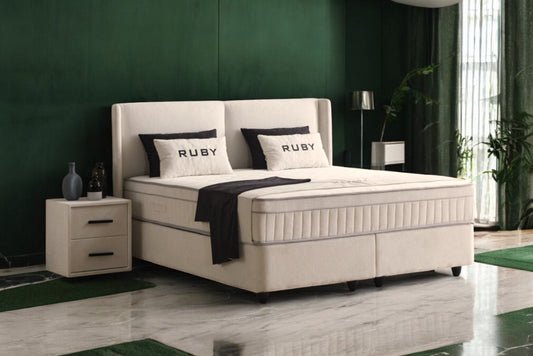 Boxspringbett Ruby Cremeweiß Voll-orthopädisches Komfortbett mit Bettkasten, Stauraum, inkl. kostenlose Lieferung und Montage